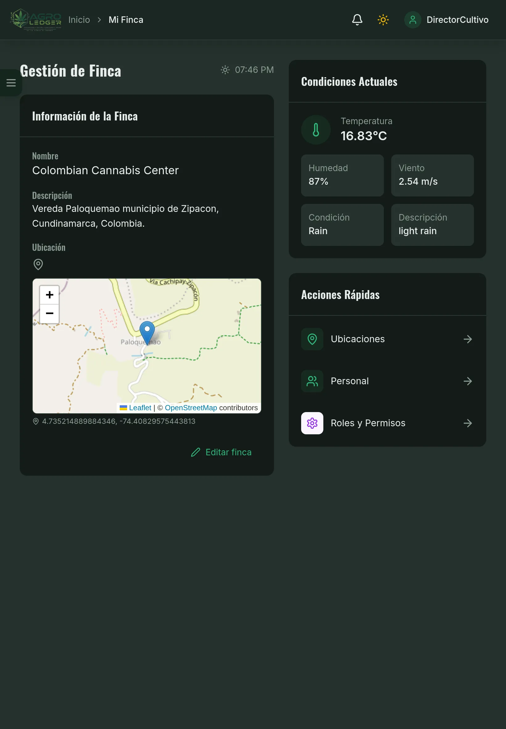 Ficha de la finca con mapa, clima actual y acciones rápidas (Tablet)