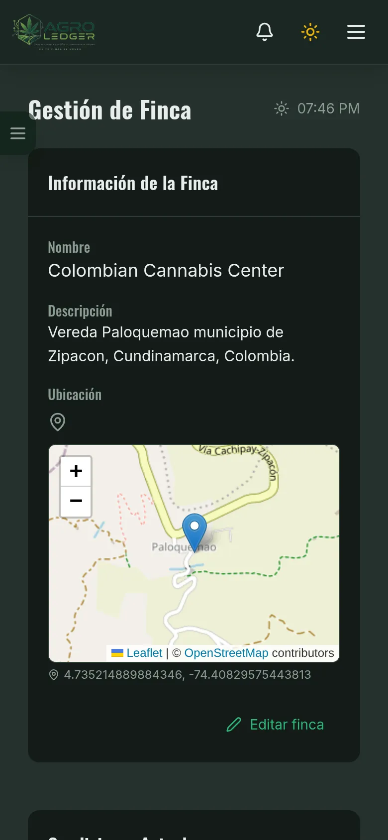 Ficha de la finca con mapa, clima actual y acciones rápidas (Móvil)