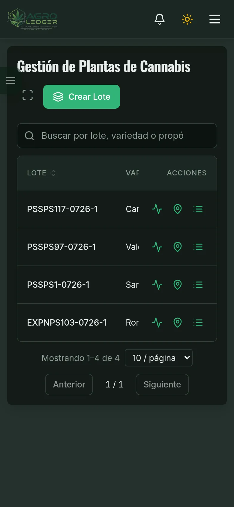 Listado de lotes de cultivo con variedad, estado y días sembrado (Móvil)