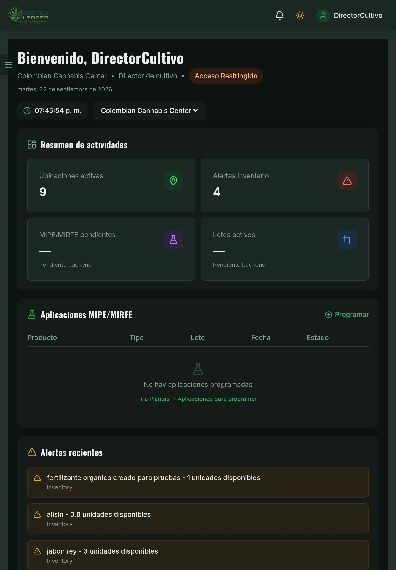 Panel de inicio de Agro Ledger con resumen de actividades y alertas (Tablet)