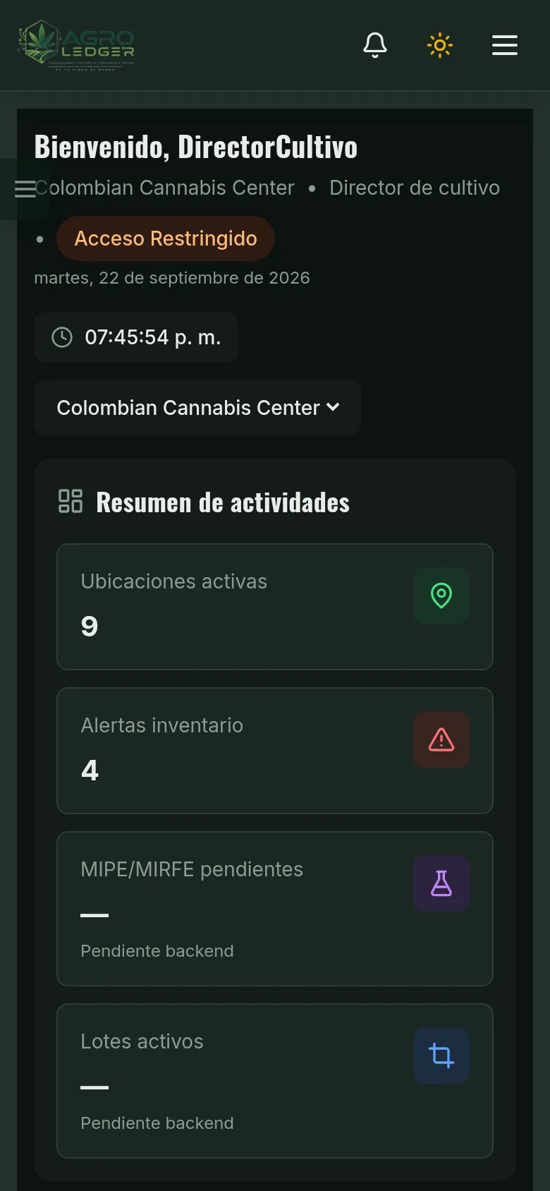Panel de inicio de Agro Ledger con resumen de actividades y alertas (Móvil)