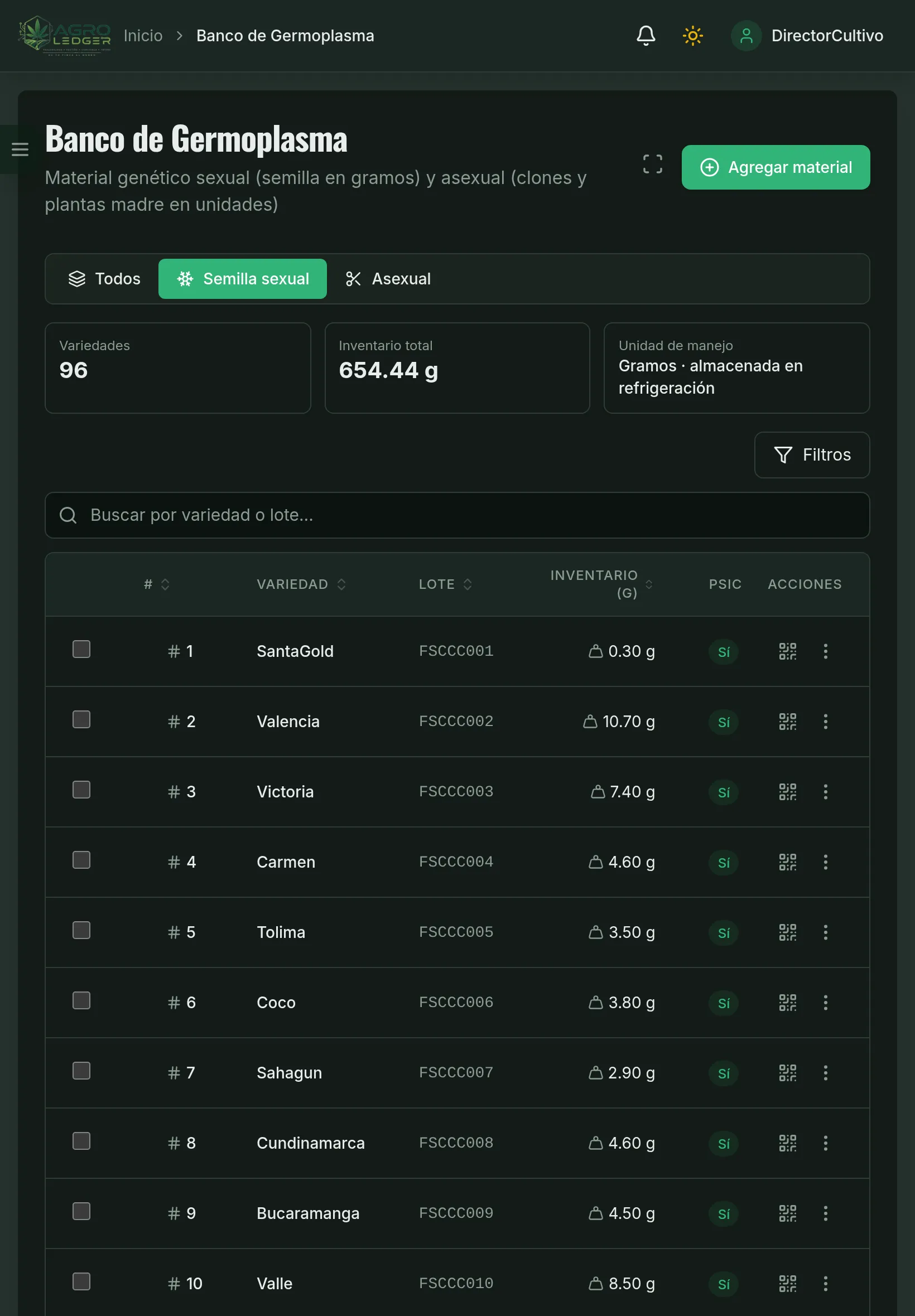 Banco de germoplasma con variedades, lotes e inventario en gramos (Tablet)